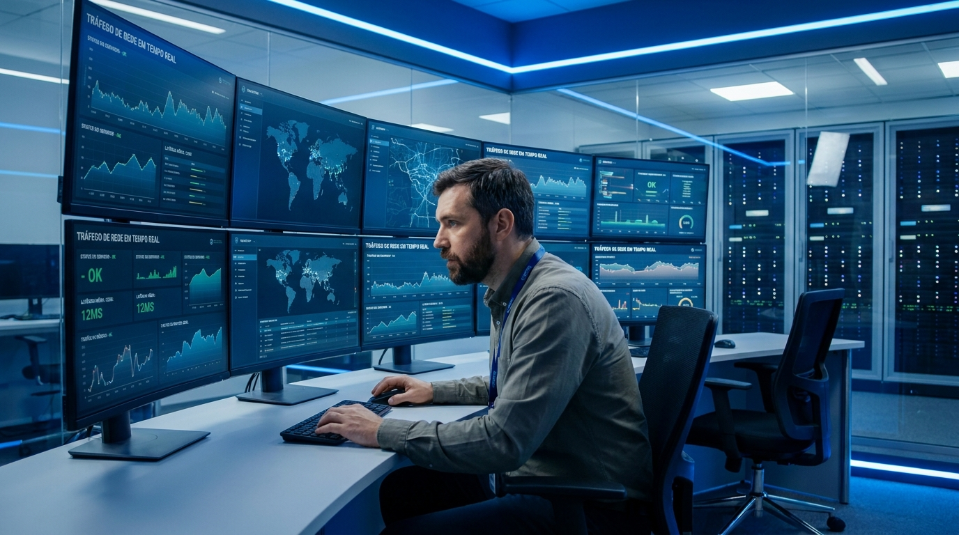 Painel técnico de monitoramento de rede com dados em tempo real e servidores enfileirados