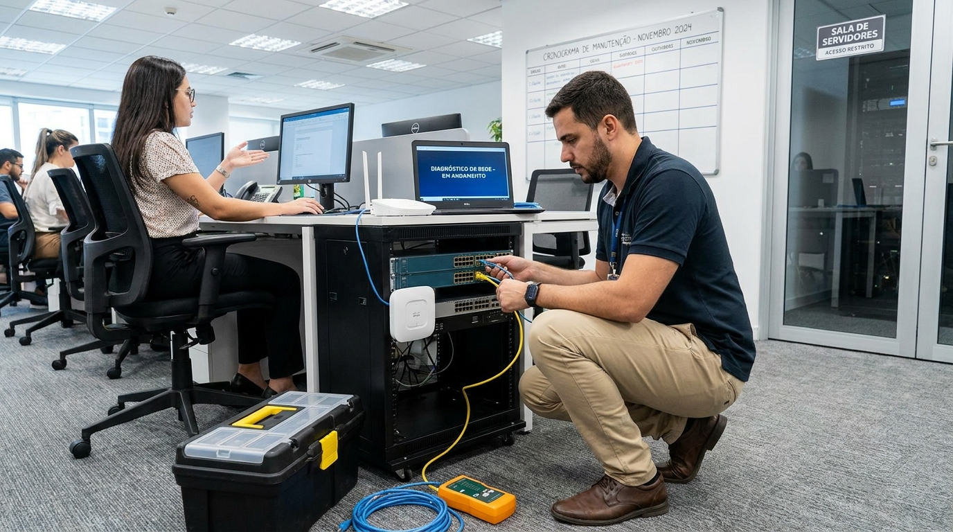 Profissional de TI em ambiente corporativo realizando suporte técnico presencial com notebook e equipamentos de rede